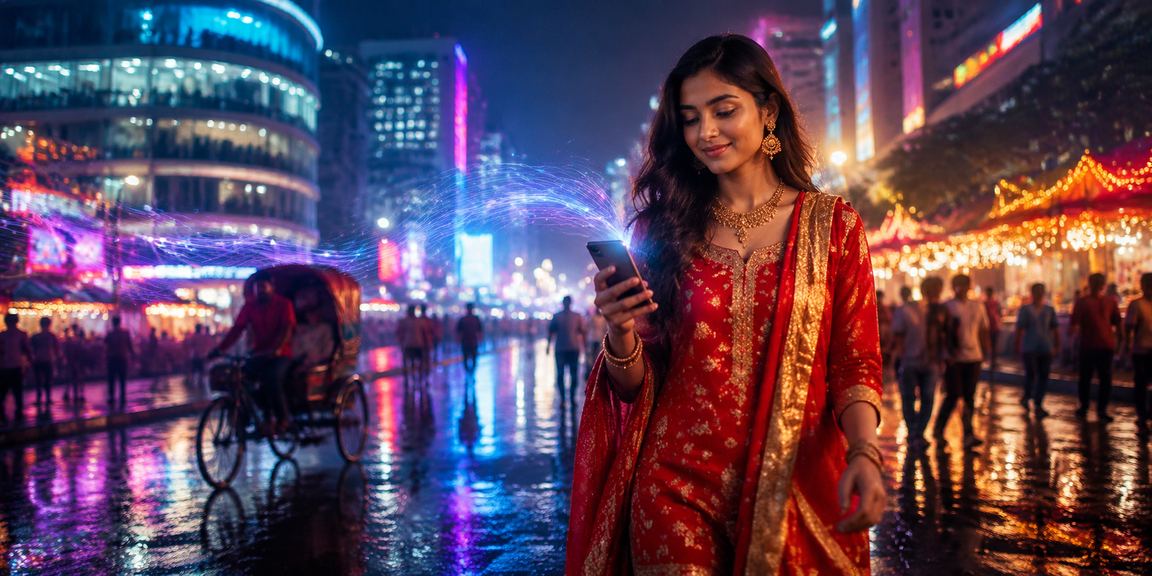 ঢাকার নাইট মার্কেটে মোবাইলে 4003 - এ লেনদেন করছেন ব্যবহারকারী